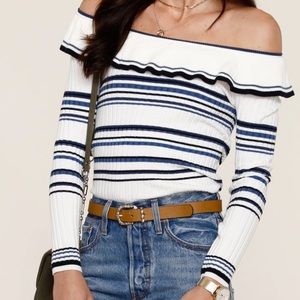 Heartloom White Navy Striped Off-Shoulder Sweater